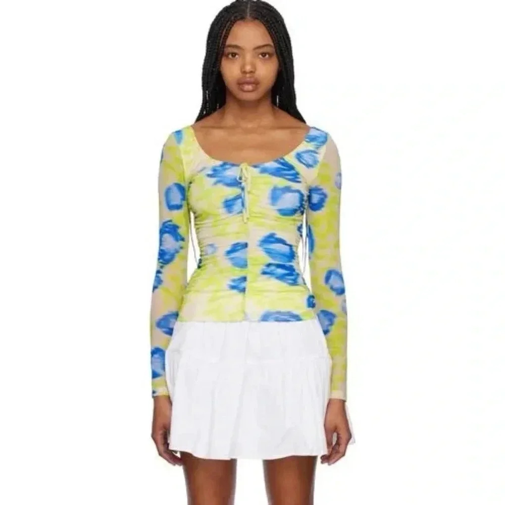 New Ganni Floral Mesh Long-Sleeve Scoop Top Green Blue XS